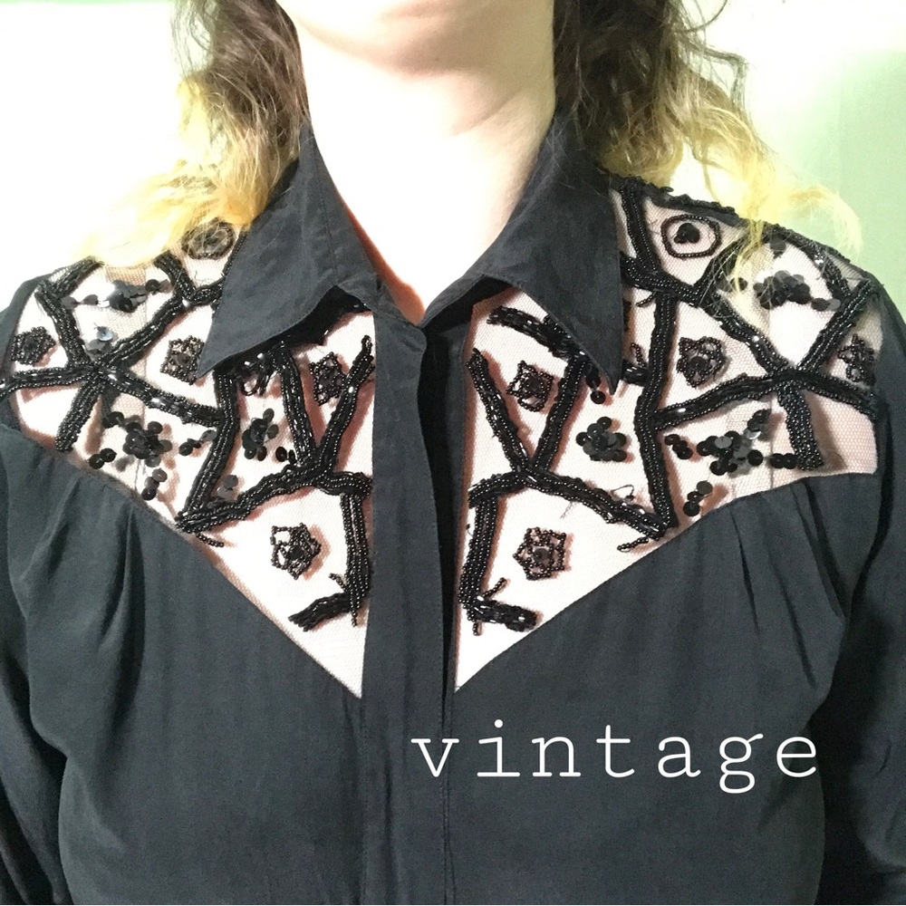 Vintage Silk Embellished Button Down Blouse - mesh sequins beaded - witchy vibes